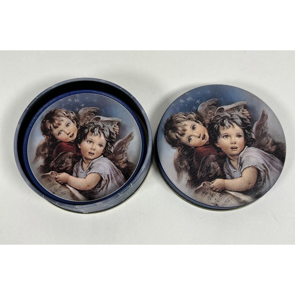 Vintage Cherub Angel Coasters Set of 4 with Case Tin and Cork backed 90's